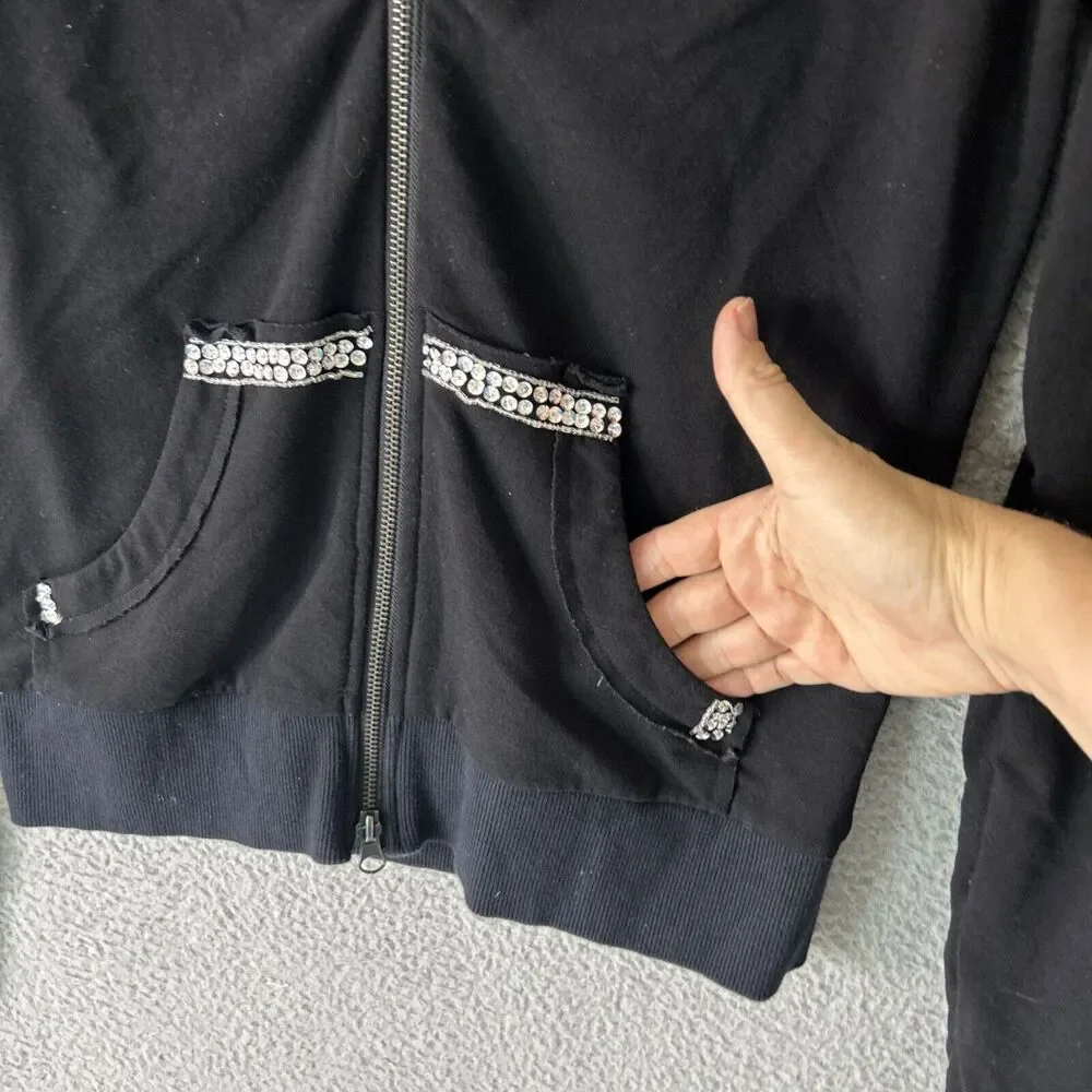 BOSTON PROPER Y2K Bling Hoodie Womens Small Black Fleur De Lis Rhinestone Jacket - Picture 4 of 11